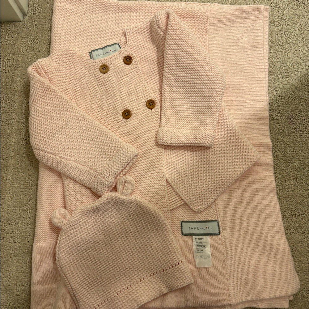 Pink Knit Baby Set with Sweater, Hat and Blanket
